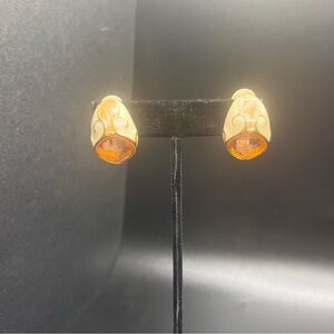 Vintage joan rivers amber glass clip earrings gold tone enamel designer